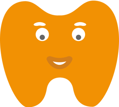 Orangefarbener Icon eines Zahnes, der zwei Augen, Augenbrauen und einen lächelnden Mund besitzt.