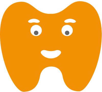 Orangefarbener Icon eines Zahnes, der zwei Augen, Augenbrauen und einen lächelnden Mund besitzt.