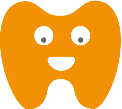 Orangefarbener Icon eines Zahnes, der zwei Augen und einen lächelnden Mund besitzt.